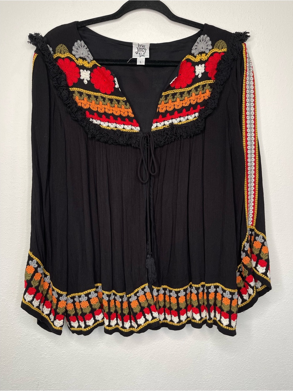 Ivy Jane Embroidered Boho Open Front Tie Lined Blouse Black Large